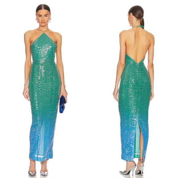 sau lee Dresses & Skirts - Halter Sequin Ombre Maxi Dress in Teal-Blue